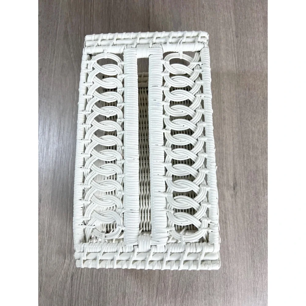 Vintage Wicker Rattan White Tissue Box Holder Shabby Chic Country Cottage